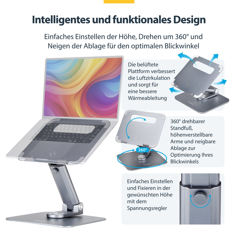 StarTech.com Ergonomischer Höhenverstellbarer Laptopständer, Dreh-Neigbarer Computerständer, Tragbare Laptophalterung-Notebookständer, bis 5kg, Aluminium Konstruktion