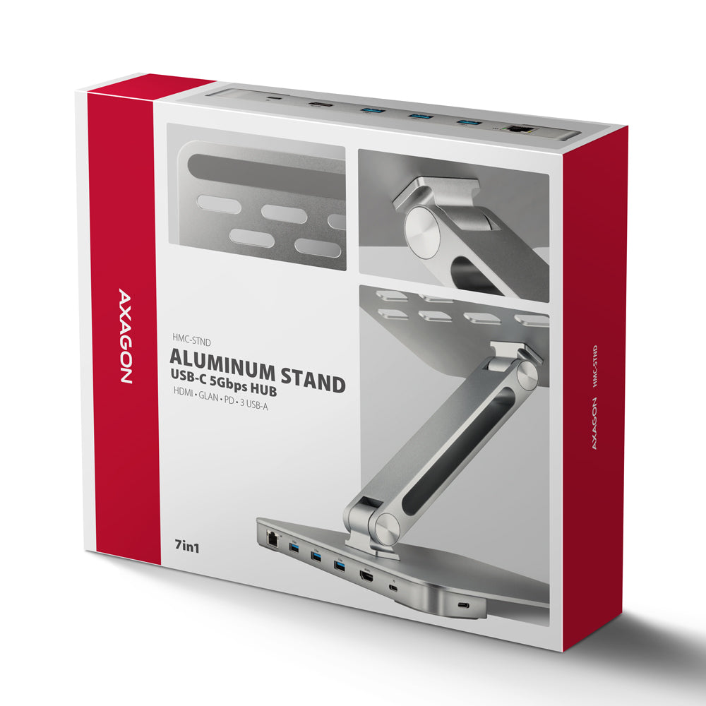Axagon HMC-STND Multiport USB-C 5Gbps Hub und Aluminiumständer für Laptops. HDMI 4k/60Hz, GLAN, PD und 3 USB-A-Anschlüsse. Kabel USB-C 60 cm.