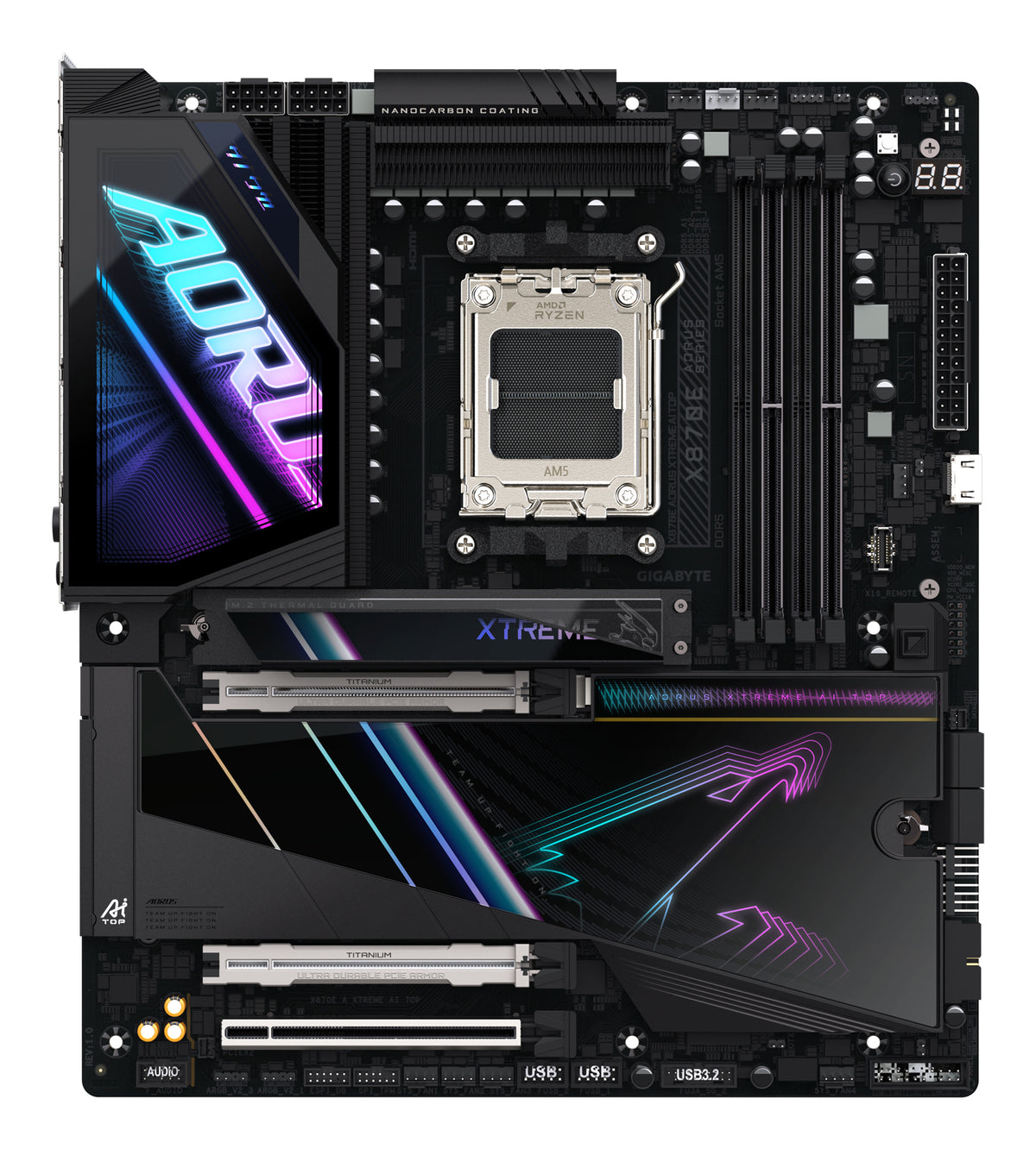 GIGABYTE X870E AORUS XTREME AI TOP Mainboard - Unterstützt AMD Ryzen 9000er-Serie CPUs, 18+2+2 Phasen VRM, bis zu 8800 MHz DDR5 (OC), 1xPCIe 5.0 M.2 + 3xPCIe 4.0 M.2, WI-FI 7, 10 GbE LAN, USB 4