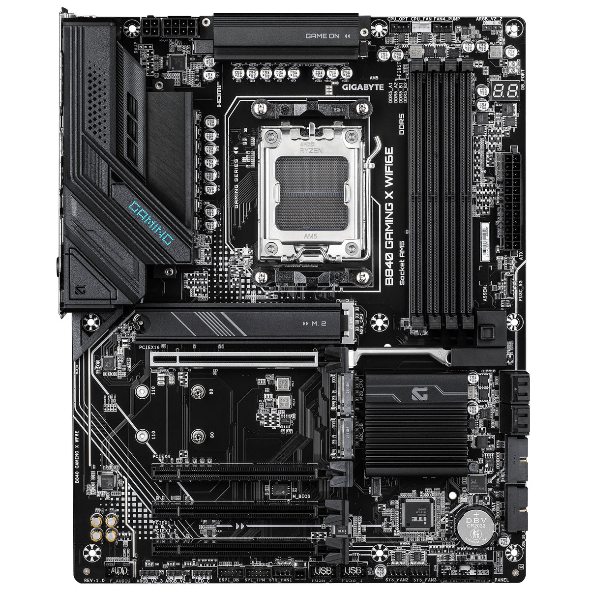 GIGABYTE B840 GAMING X WIFI6E Mainboard - AMD Ryzen 9000 Prozessoren, 12+2+2 Phasen VRM, bis zu 7600MHz DDR5(O.C), 2xPCIe 4.0 + 1xPCIe 3.0 M.2, Wi-Fi 6E, 2.5GbE LAN, USB 3.2 Gen 2