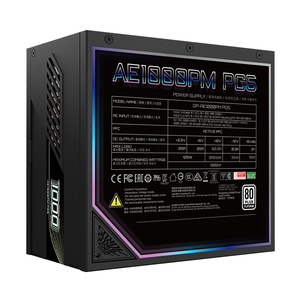 GIGABYTE AORUS ELITE P1000W ICE Netzteil - PCIe 5.0, 80 PLUS Platinum, Vollmodulares Design, 120mm Lüfter, ATX 3.0-kompatibel, EU-Stecker