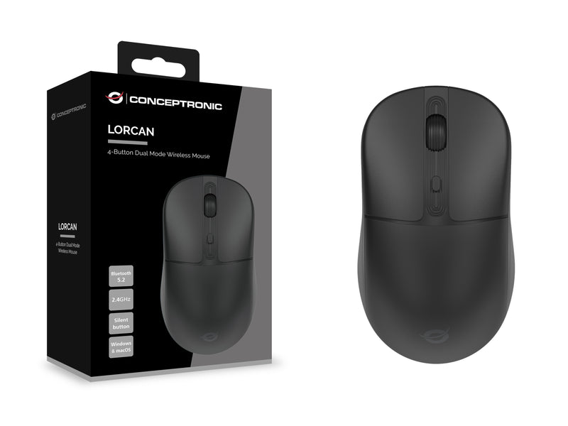 Conceptronic LORCAN04B Dual-Mode Wireless Maus mit 4 Tasten, Bluetooth 5.2, 2.4GHz
