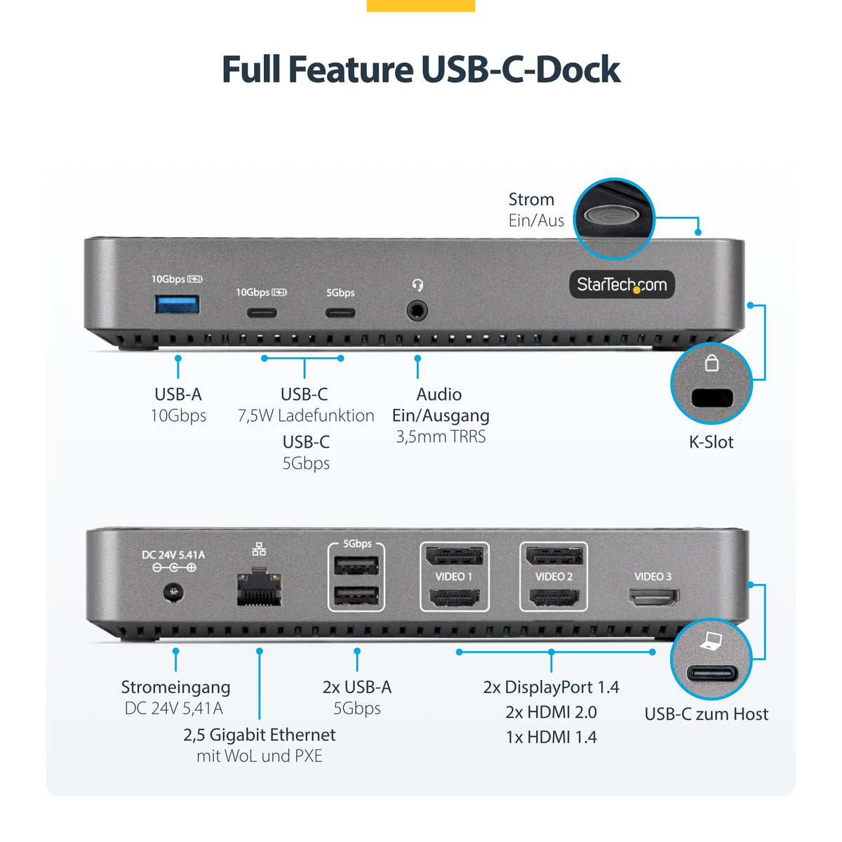 StarTech.com USB-C Drei Monitor Dockingstation - HDMI/DP Dreifach 4K USB C Dock - 5x USB Hub - GbE - 100W PD - Universelle Multi-Monitor Dockingstation - Thunderbolt 3/4 Kompatibel