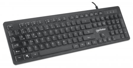 Manhattan Ultraflache USB-Gaming-Tastatur mit LEDs, 12 Multimedia-Funktionstasten, farbige LED-Hintergrundbeleuchtung, schwarz