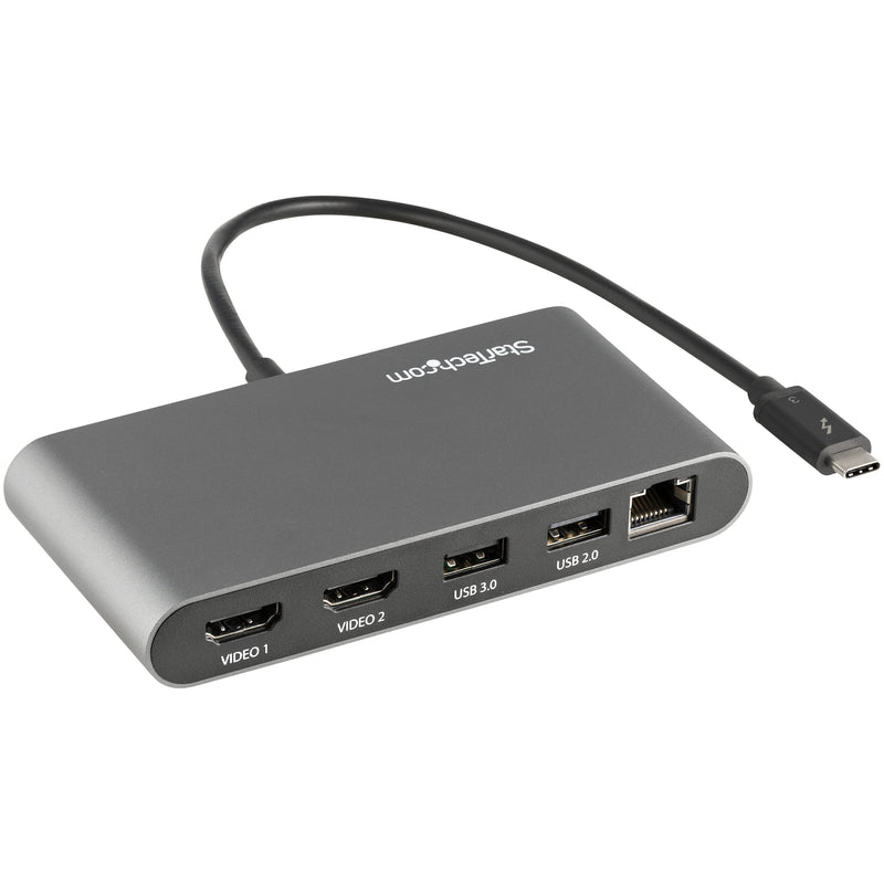 StarTech.com Dual-Monitor Thunderbolt Mini-Dock, 4K 60Hz HDMI, treiberloser Hub für Windows und Mac, Gigabit-Ethernet, 1x USB 5Gbps, 1x USB 2.0, 28cm Kabel