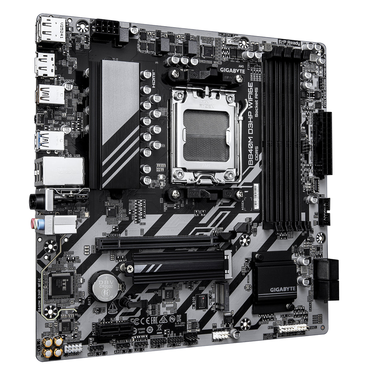 GIGABYTE B840M D3HP WIFI6E Mainboard – AMD Ryzen 9000 CPUs, 8+2+2-Phasen-VRM, bis zu 8200 MHz DDR5 (O.C.), 2× PCIe-4.0-M.2, Wi-Fi 6E, 1-GbE-LAN, USB 3.2 Gen 2