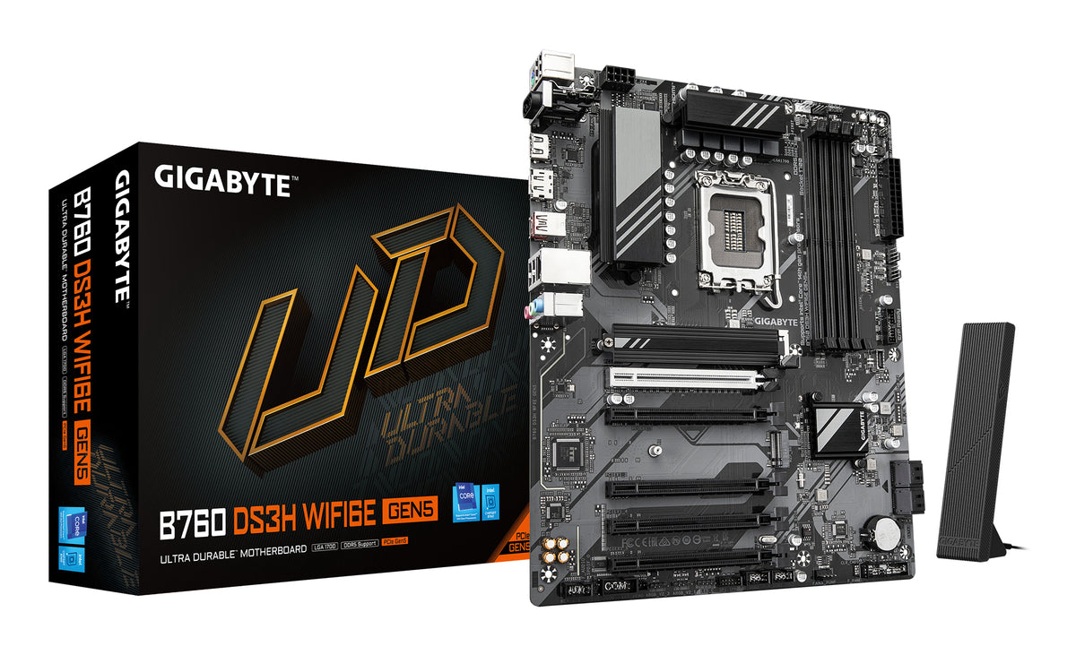 GIGABYTE B760 DS3H WIFI6E GEN5 Mainboard – Unterstützt Intel Core Prozessoren der 14. Generation, 8+2+1 Phasen Digital-VRM, bis zu 5600 MHz DDR5, 2xPCIe 4.0 M.2, Wi-Fi 6E, 1 GbE LAN, USB 3.2 Gen 2x2