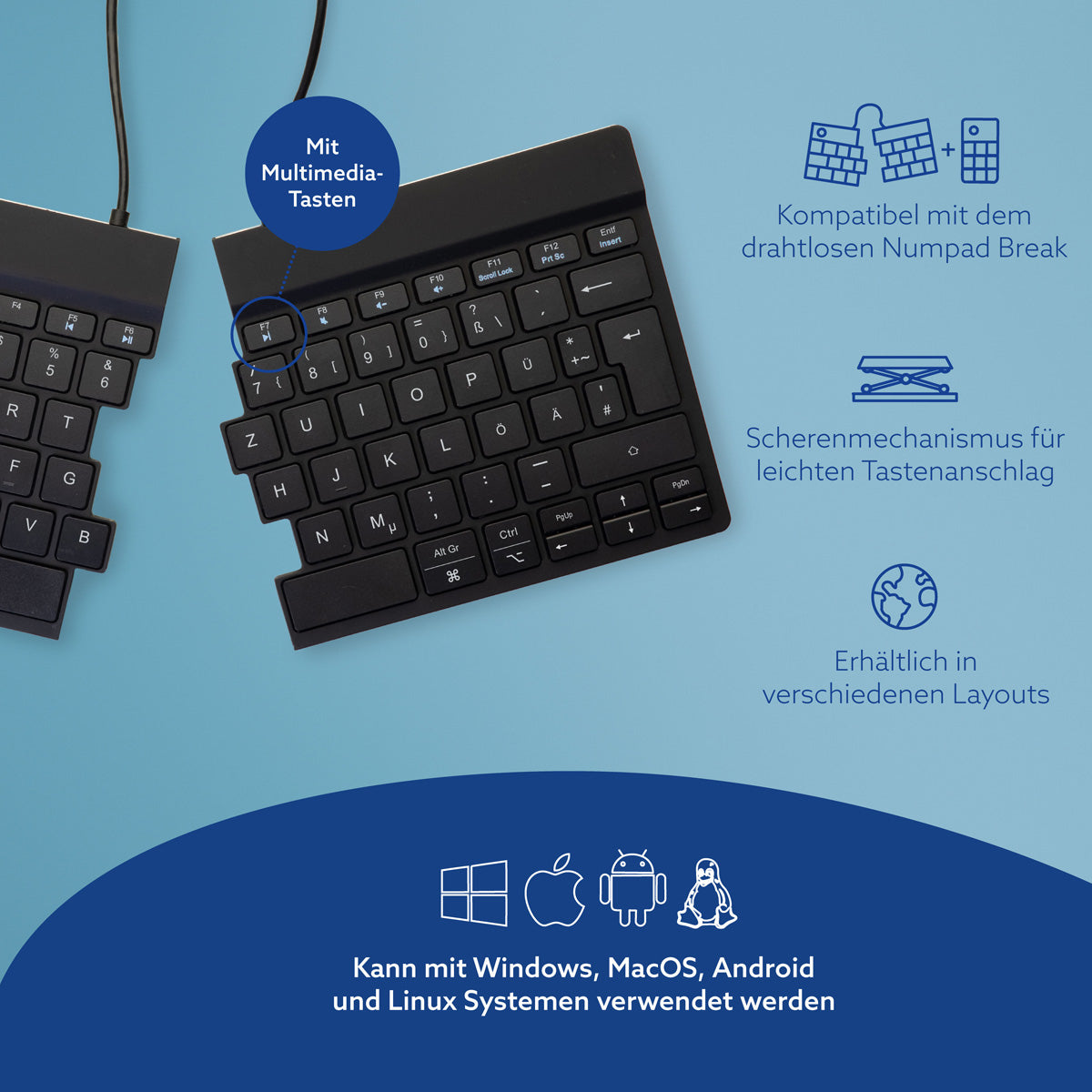 R-Go Tools Ergonomische Tastatur R-Go Split Break mit Pausensoftware, geteilte Tastatur, QWERTZ (DE), kabellos, schwarz