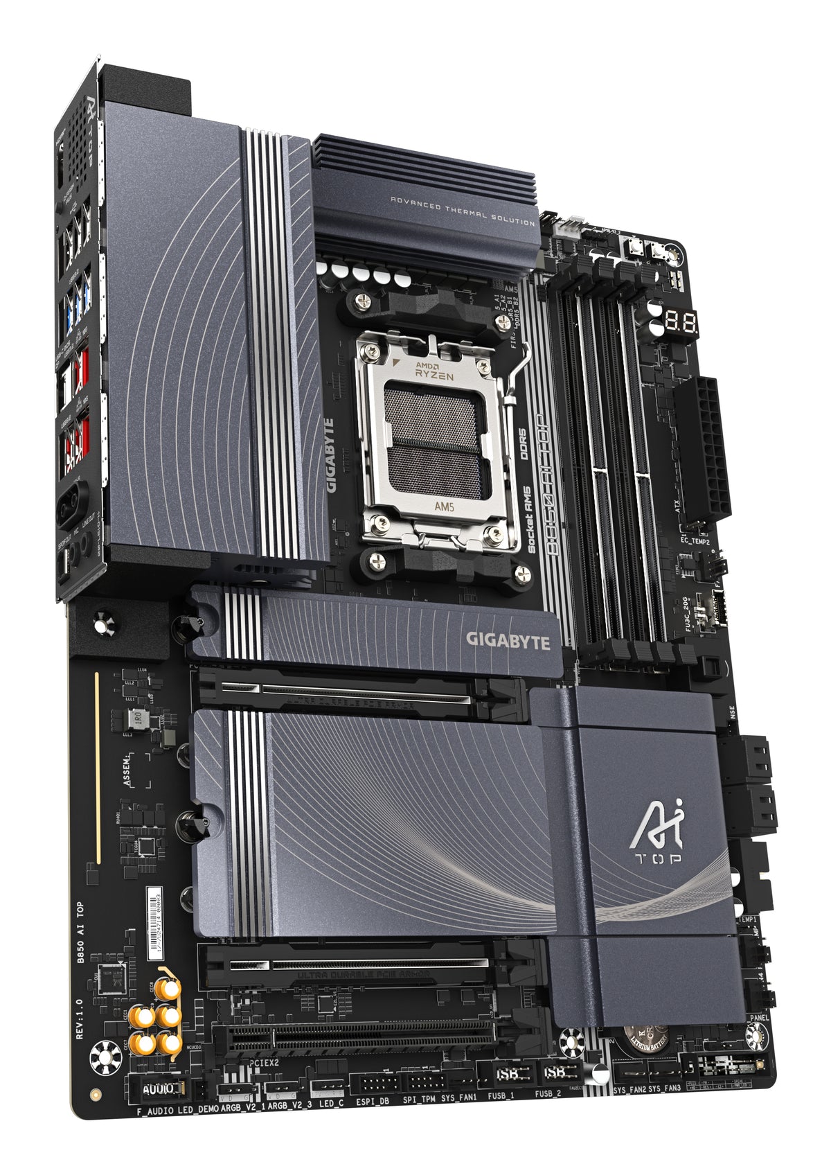 GIGABYTE B850 AI TOP Motherboard - AMD Ryzen 9000 Series CPUs, 16+2+2 Phasen Digital VRM, bis zu 8600MHz DDR5 (OC), 2xPCIe 5.0 + 1xPCIe 4.0 M.2, 10 GbE LAN, WIFI 7, USB 3.2 Gen 2x2