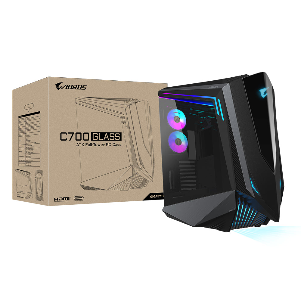 GIGABYTE AORUS C700 GLASS PC-Gehäuse – Full-Tower, unterstützt bis zu E-ATX & 420-mm-Radiatoren, vorinstallierte 5x 120-mm-Lüfter, USB 3.1 Typ-C, RGB Fusion