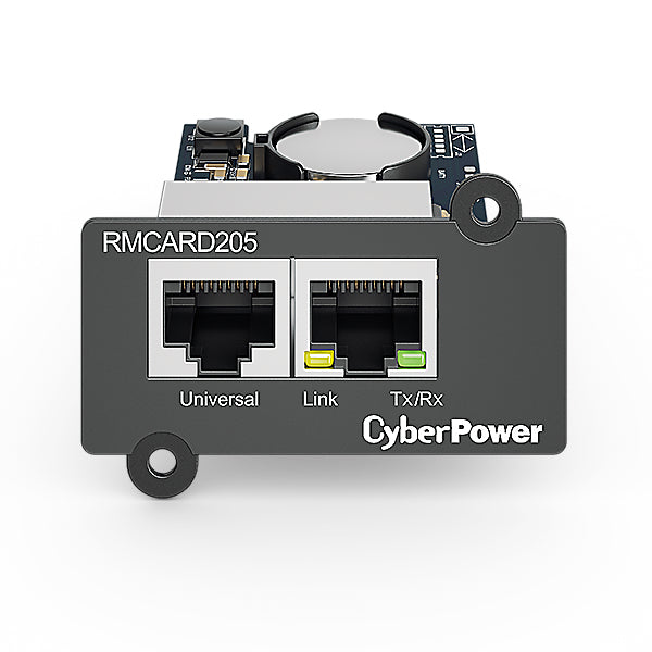 Carte réseau CyberPower RMCARD205 100 Mo, IPv4/v6, SNMPv1/v3, HTTP/HTTPs, TCP/IP, UDP, DHCP, NTP, DNS, SMTP, SSH, SSL, TLS, Telnet, FTP et Syslog, compatible avec capteur externe (optionnel), pour port d'extension