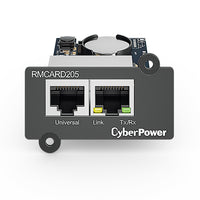 Carte réseau CyberPower RMCARD205 100 Mo, IPv4/v6, SNMPv1/v3, HTTP/HTTPs, TCP/IP, UDP, DHCP, NTP, DNS, SMTP, SSH, SSL, TLS, Telnet, FTP et Syslog, compatible avec capteur externe (optionnel), pour port d'extension
