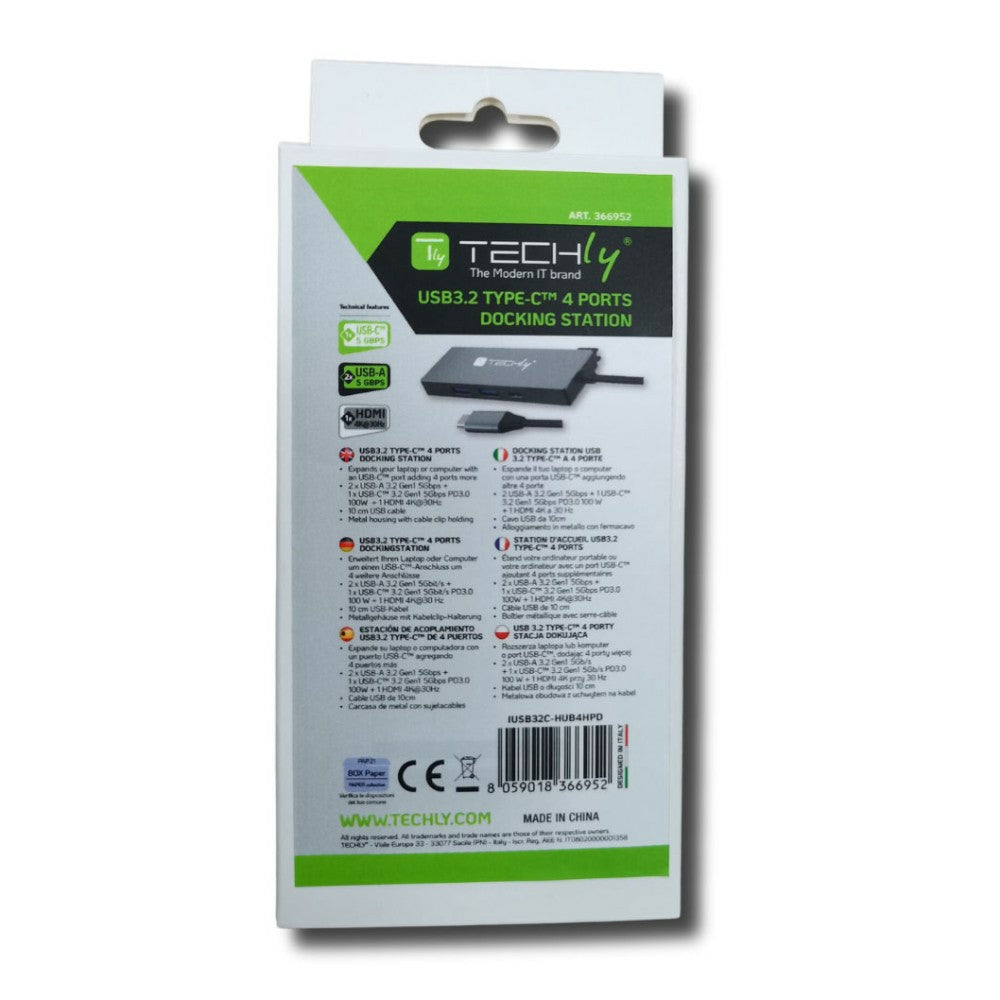 Techly IUSB32C-HUB4HPD laptop-dockingstation & portreplikator Kabelgebunden USB 3.2 Gen 2 (3.1 Gen 2) Type-C Grau