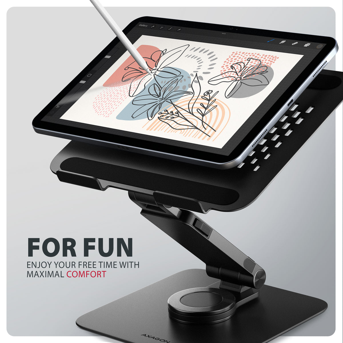 Axagon STND-LRB Aluminiumständer mit 360°-Drehung für Laptops 10"–17.3". Verstellbare Höhe und Winkel. Schwarze Version.