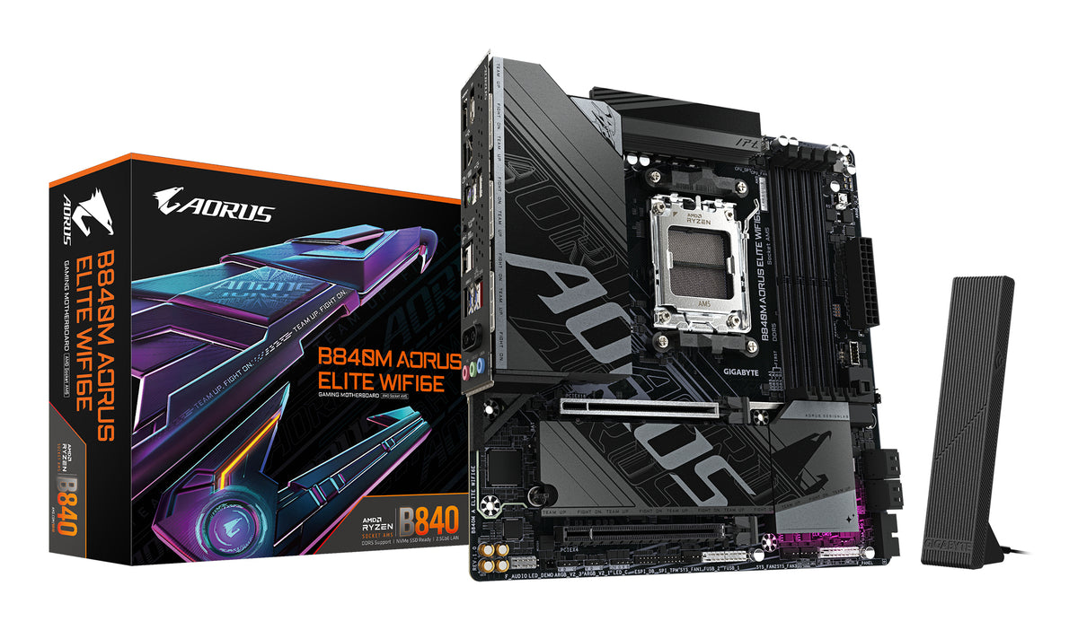GIGABYTE B840M AORUS ELITE WIFI6E Mainboard – AMD Ryzen 9000 Prozessoren, 10+2+2 Phasen VRM, bis zu 8200 MHz DDR5 (O.C.), 2 x M.2 PCIe 4.0, Wi-Fi 6E, 2.5 GbE LAN, USB 3.2 Gen 2
