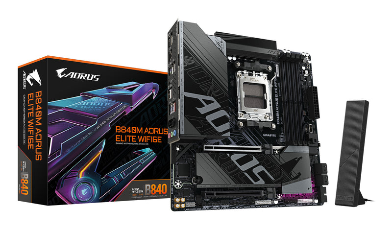 GIGABYTE B840M AORUS ELITE WIFI6E Mainboard – AMD Ryzen 9000 Prozessoren, 10+2+2 Phasen VRM, bis zu 8200 MHz DDR5 (O.C.), 2 x M.2 PCIe 4.0, Wi-Fi 6E, 2.5 GbE LAN, USB 3.2 Gen 2