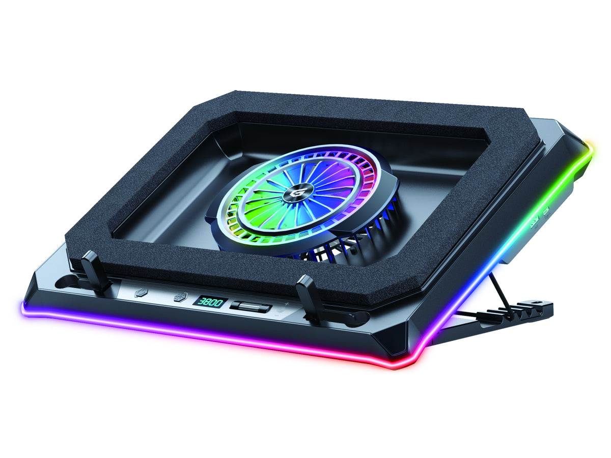 Support de refroidissement pour ordinateur portable de jeu Conceptronic THYIA04B avec RGB, conception en mousse scellée et support pour smartphone