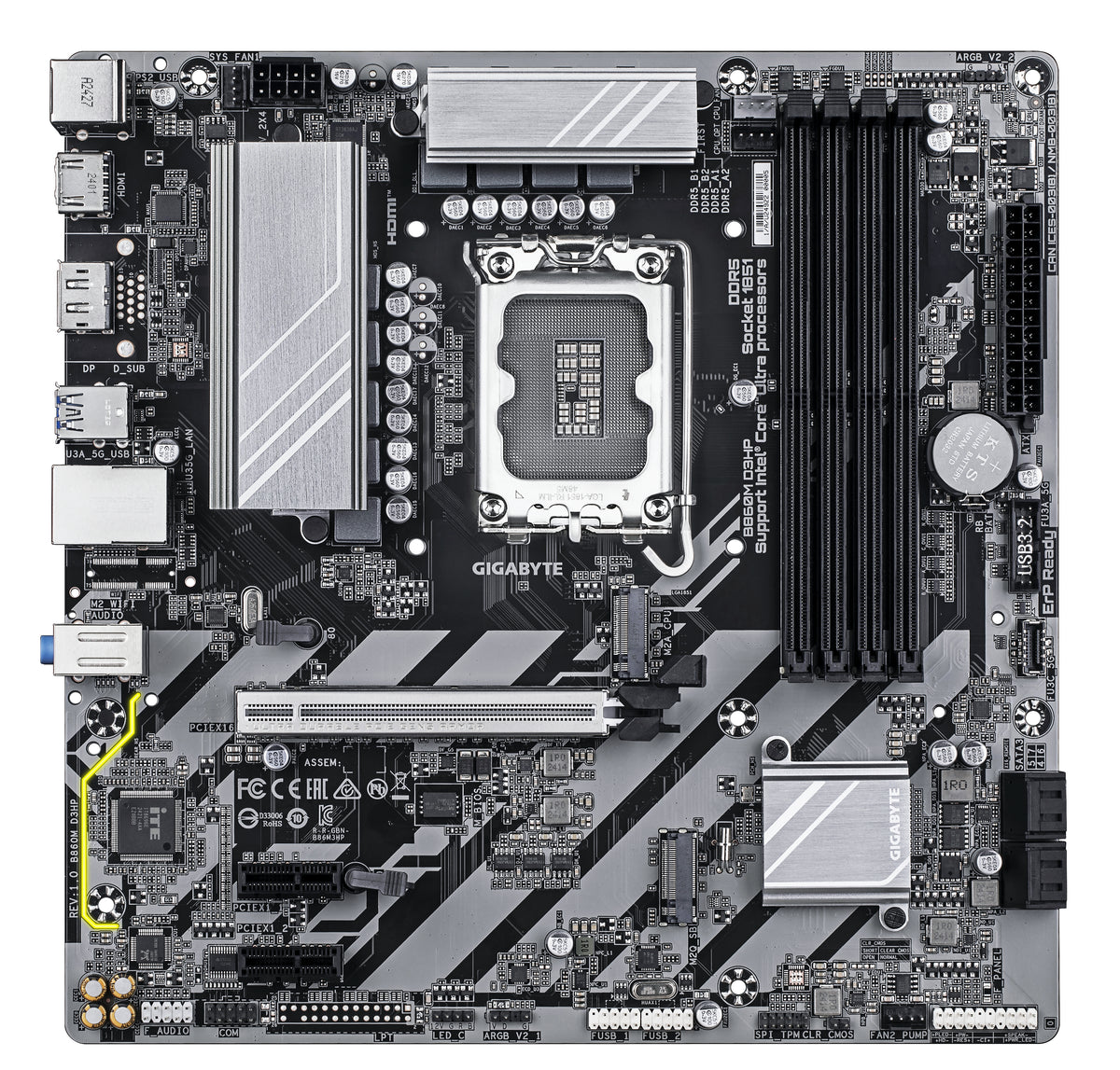 GIGABYTE B860M D3HP Mainboard - Intel Core Ultra CPUs, 4+1+2+1 Phasen VRM, bis zu 9066MHz DDR5, 2xPCIe 4.0 M.2, GbE LAN, USB 3.2 Gen 1