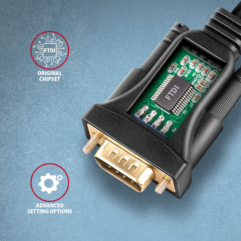 Axagon ADS-1PQN USB-A 2.0 - serial RS-232 DB9-M FTDI adapter cable 1.5m - Adapter - Digital/Daten Serien-Kabel Schwarz 1,5 m USB Typ-A