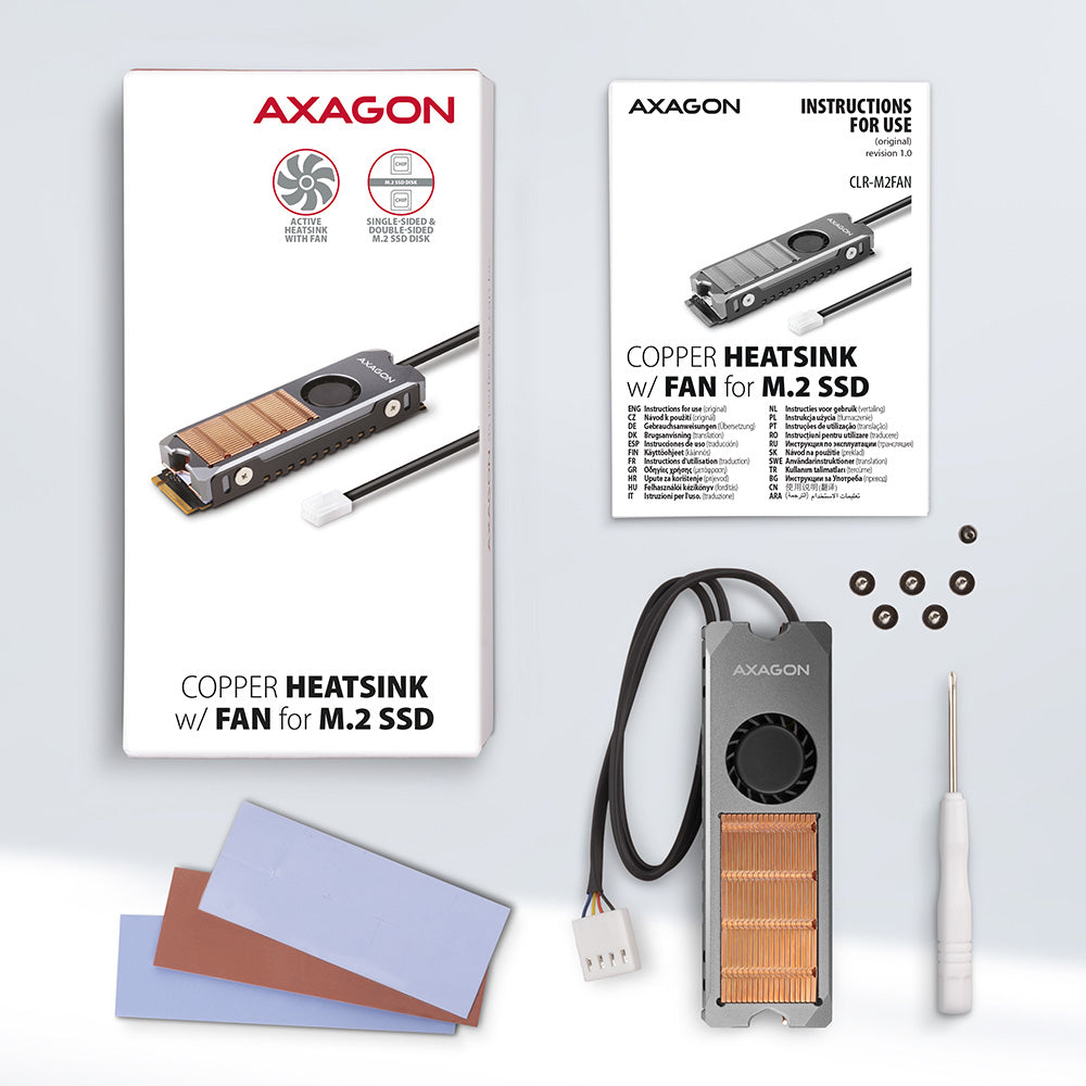 Axagon CLR-M2FAN Kupferkühler mit Lüfter für einseitige und doppelseitige M.2 SSD-Platten, Größe 2280, Höhe 13 mm.