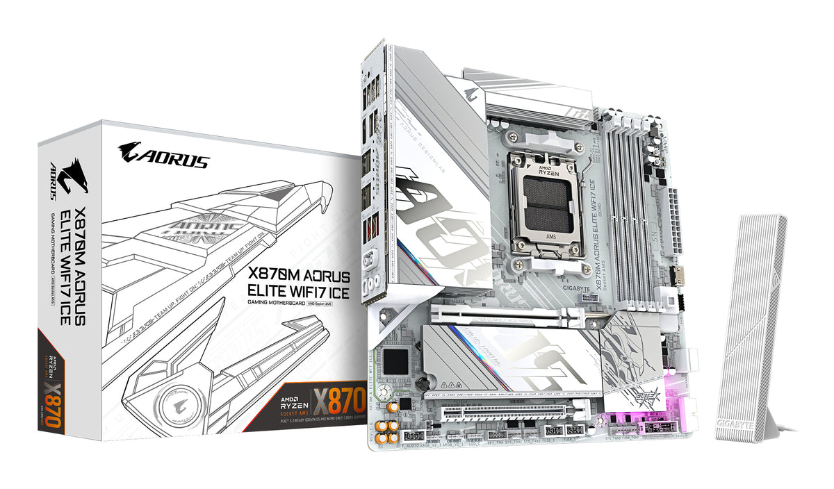 GIGABYTE X870M AORUS ELITE WIFI7 ICE Mainboard – Unterstützt AMD Ryzen 9000 CPUs, digitales 14+2+2-Phasen-VRM, bis zu 8200 Hz DDR5 (O.C), 1× PCIe 5.0 + 1× PCIe 4.0, Wi-Fi 7, 2.5-GbE-LAN, USB 4