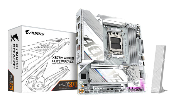 GIGABYTE X870M AORUS ELITE WIFI7 ICE Mainboard – Unterstützt AMD Ryzen 9000 CPUs, digitales 14+2+2-Phasen-VRM, bis zu 8200 Hz DDR5 (O.C), 1× PCIe 5.0 + 1× PCIe 4.0, Wi-Fi 7, 2.5-GbE-LAN, USB 4