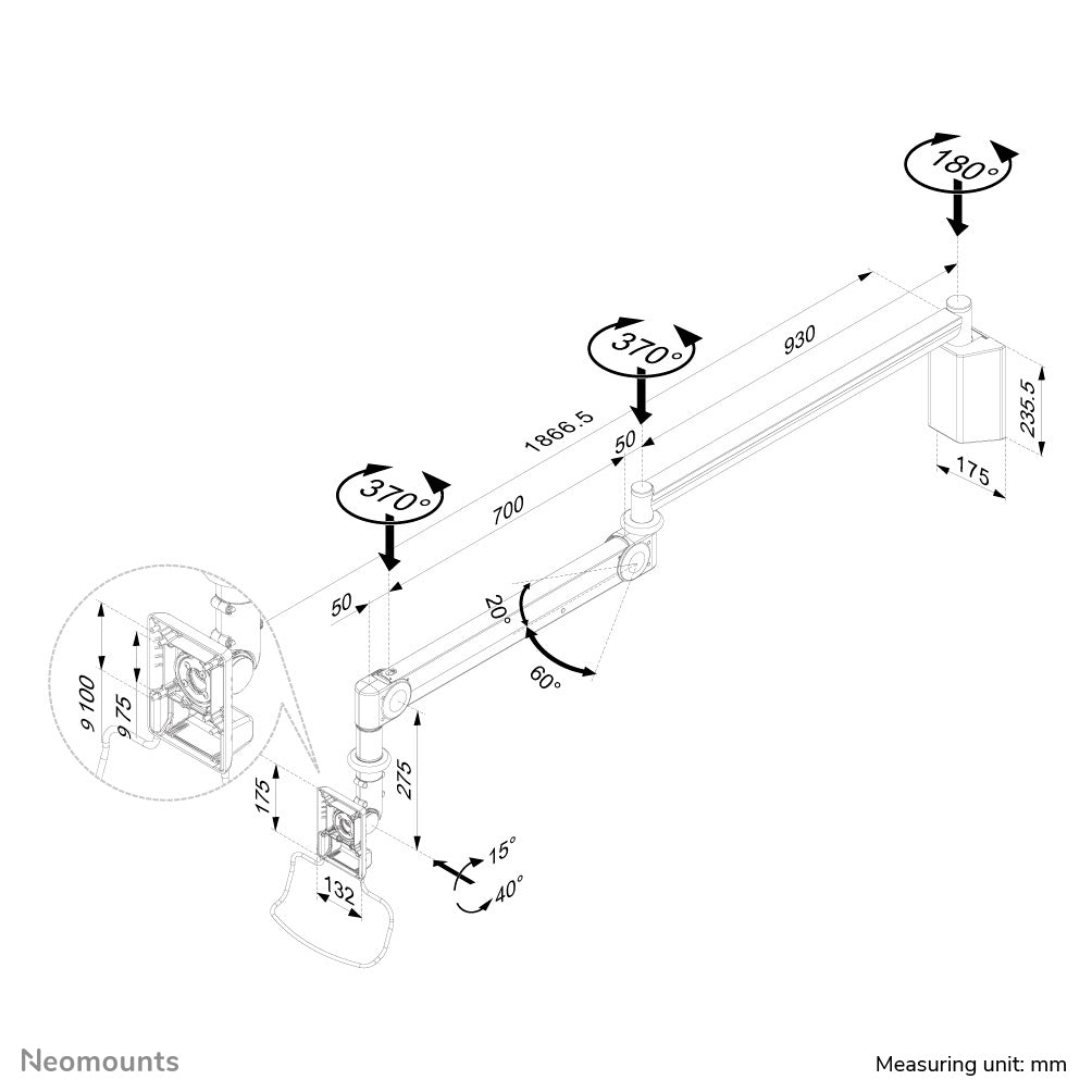 Neomounts FPMA-HAW100HC Medizinische Wandhalterung für Monitore 10-32" - H 0-170 cm - Gasfeder