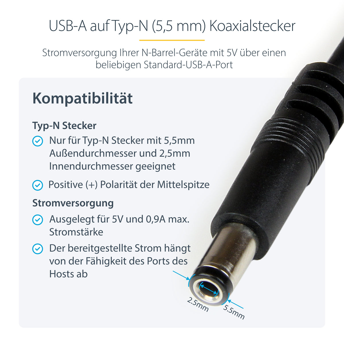 StarTech.com USB 2.0 auf Hohlstecker Typ N Kabel - USB A DC 5V 5,5mm Stecker 1m