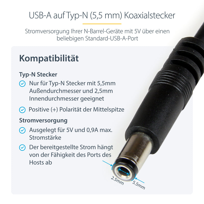 StarTech.com USB 2.0 auf Hohlstecker Typ N Kabel - USB A DC 5V 5,5mm Stecker 1m