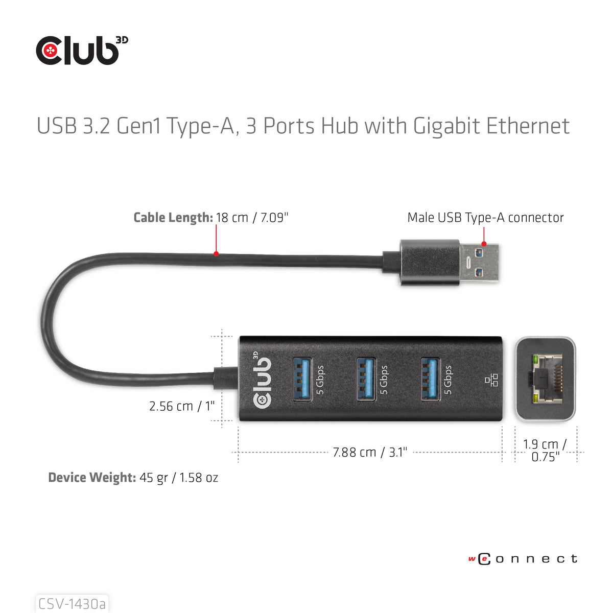 CLUB3D CSV-1430a Kabelgebunden USB 3.2 Gen 1 (3.1 Gen 1) Type-A Schwarz