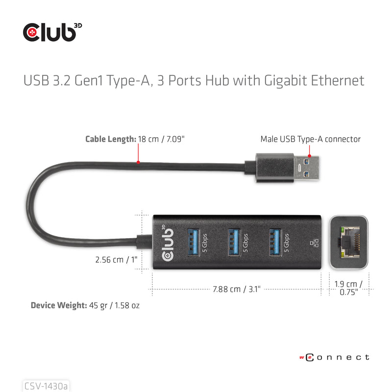 CLUB3D CSV-1430a Kabelgebunden USB 3.2 Gen 1 (3.1 Gen 1) Type-A Schwarz