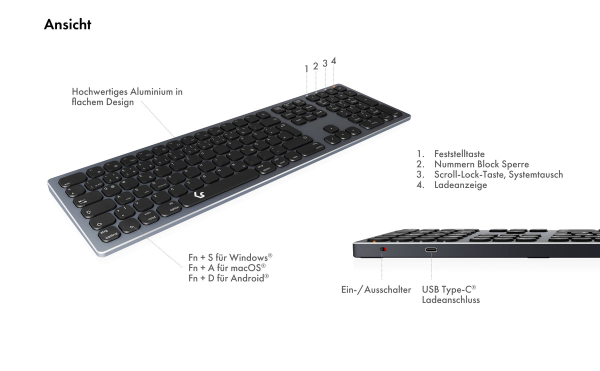 KeySonic KSK-8023BTRF (DE), Full-Size Aluminium Tastatur, Bluetooth® & RF, für Windows® und macOS®, anthrazit/schwarz
