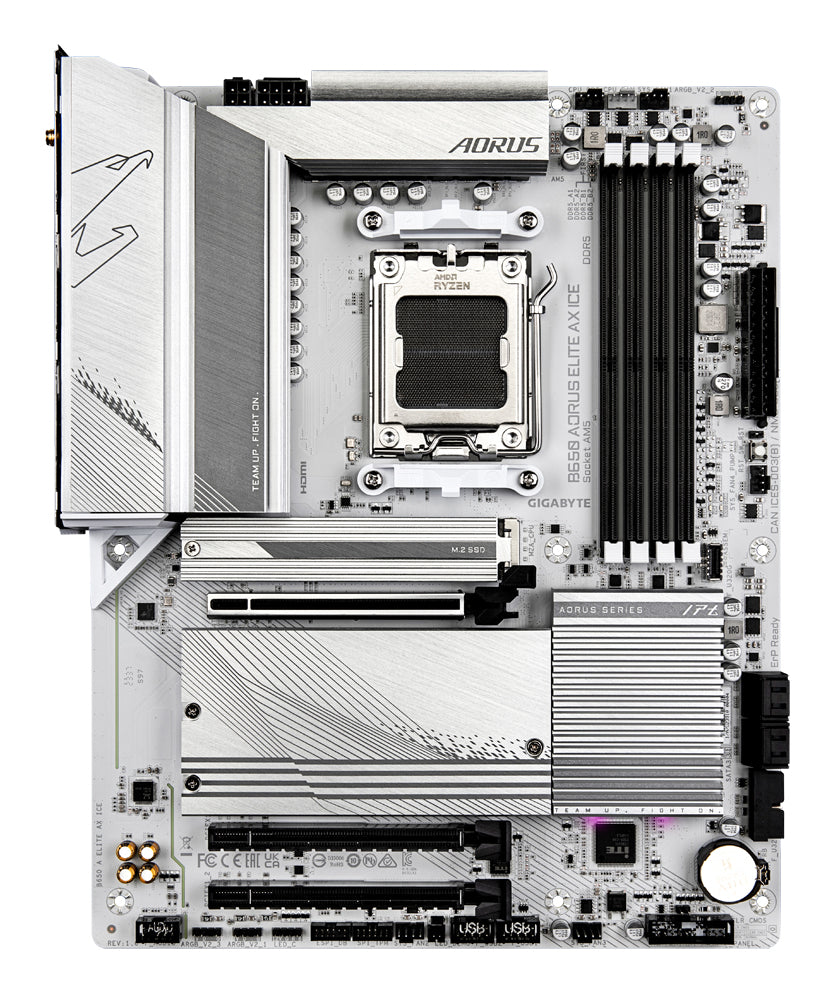 GIGABYTE B650 AORUS ELITE AX ICE Mainboard – Unterstützt AMD Ryzen 9000 CPUs, 12+2+2 Phasen digitales VRM, bis zu 8000 MHz DDR5 (OC), 1xPCIe 5.0 + 2xPCIe 4.0 M.2, Wi-Fi 6E, 2.5GbE LAN, USB 3.2 Gen 2x2