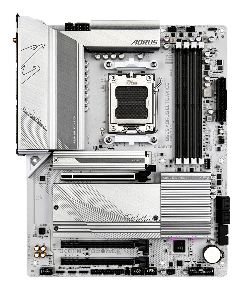 GIGABYTE B650 AORUS ELITE AX ICE Mainboard – Unterstützt AMD Ryzen 9000 CPUs, 12+2+2 Phasen digitales VRM, bis zu 8000 MHz DDR5 (OC), 1xPCIe 5.0 + 2xPCIe 4.0 M.2, Wi-Fi 6E, 2.5GbE LAN, USB 3.2 Gen 2x2
