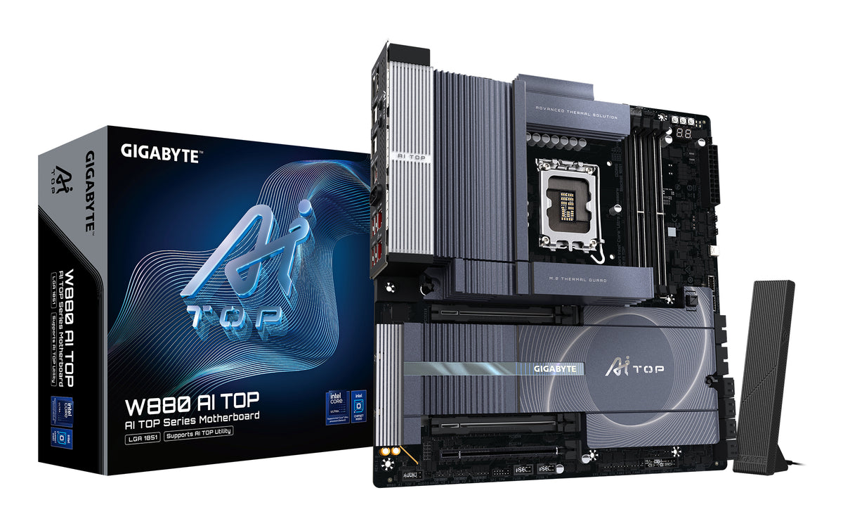 GIGABYTE W880 AI TOP Mainboard - Unterstützt Intel Core Ultra CPUs, digitales 16+1+2-Phasen-VRM, bis zu 9466Hz DDR5 (O.C.), 1xPCIe 5.0 + 3xPCIe 4.0, Wi-Fi 7, 10GbE LAN, Thunderbolt 5