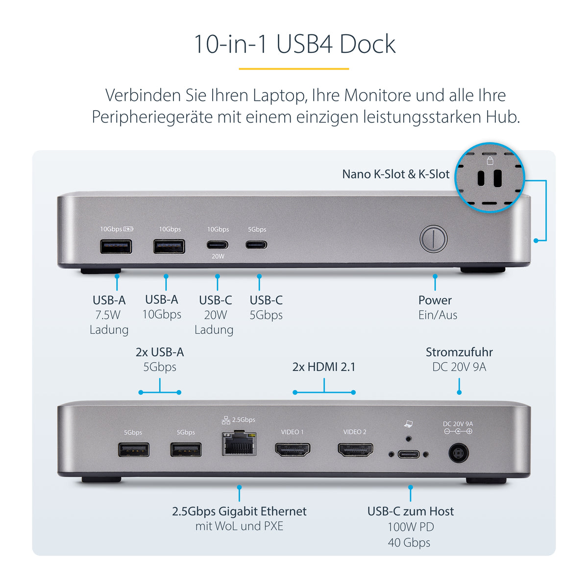 StarTech.com USB4-Dockingstation für zwei Monitore, Dual 4K mit 120Hz oder 8K mit 60Hz über HDMI, 100W Laptop-Ladung, 2,5GbE, USB-C Multi-Monitor-Dock, treiberlos