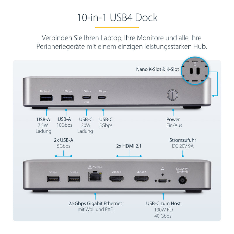 StarTech.com USB4-Dockingstation für zwei Monitore, Dual 4K mit 120Hz oder 8K mit 60Hz über HDMI, 100W Laptop-Ladung, 2,5GbE, USB-C Multi-Monitor-Dock, treiberlos