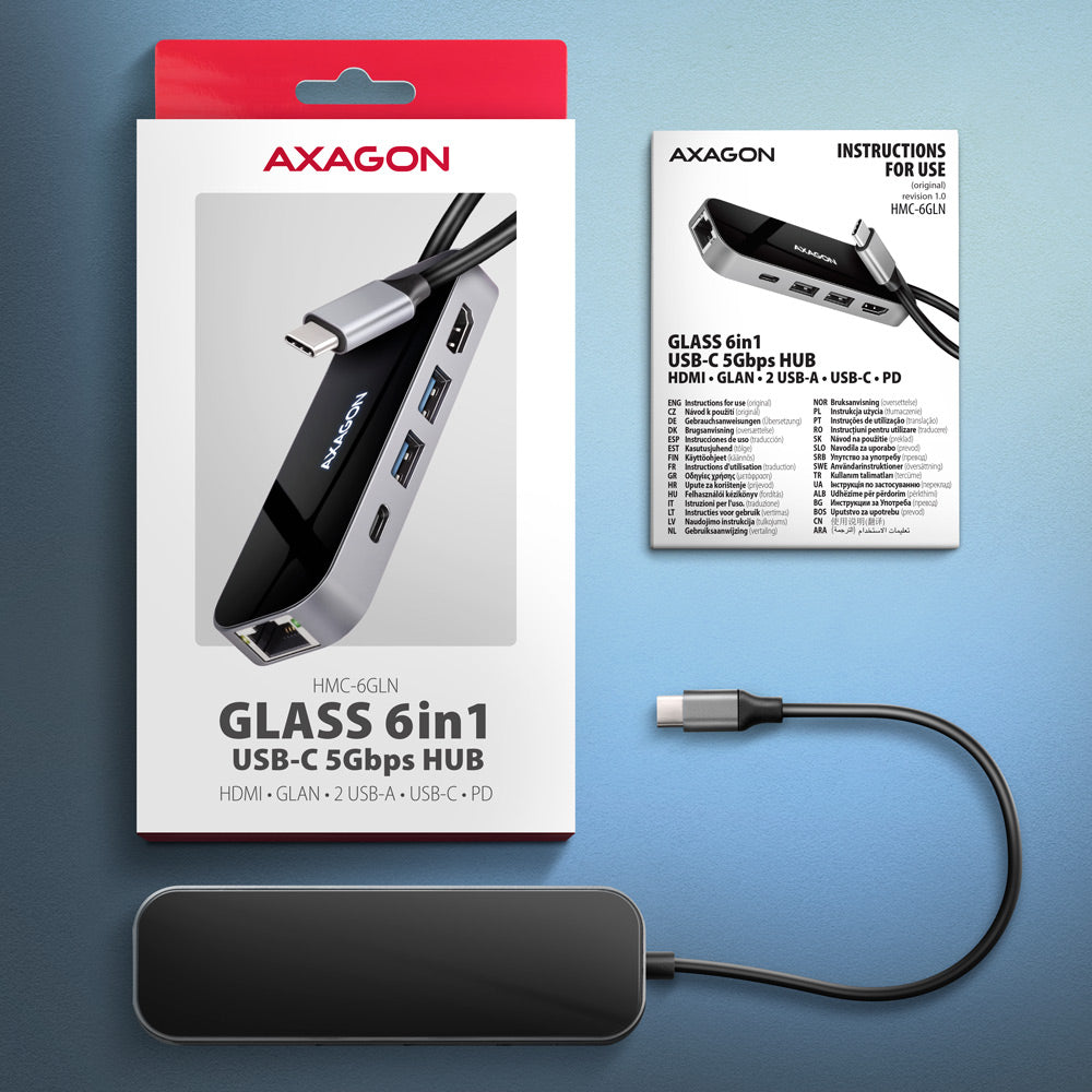 Axagon HMC-6GLN USB 5Gbps hub, 2x USB-A, USB-C, HDMI 4k/60Hz, RJ-45, PD 100W, USB-C Kabel