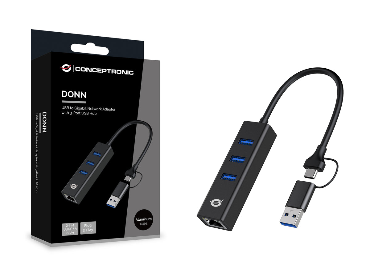 Conceptronic DONN07BA USB zu Gigabit-Netzwerkadapter mit 3-Port-USB-Hub, USB-A x 3, Wake-on-LAN, 2-in-1 USB-C USB-A Cable