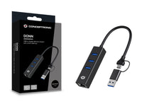 Conceptronic DONN07BA USB zu Gigabit-Netzwerkadapter mit 3-Port-USB-Hub, USB-A x 3, Wake-on-LAN, 2-in-1 USB-C USB-A Cable