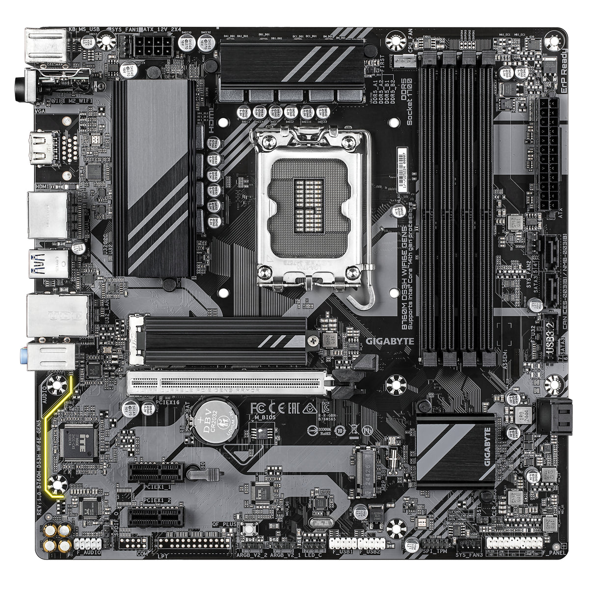 GIGABYTE B760M DS3H WIFI6E GEN5 Mainboard – Unterstützt Intel Core Prozessoren der 14. Generation, 6+2+1 Phasen Digital-VRM, bis zu 5600 MHz DDR5, 2 x PCIe 4.0 M.2, Wi-Fi 6E, 2.5 GbE LAN, USB 3.2 Gen2