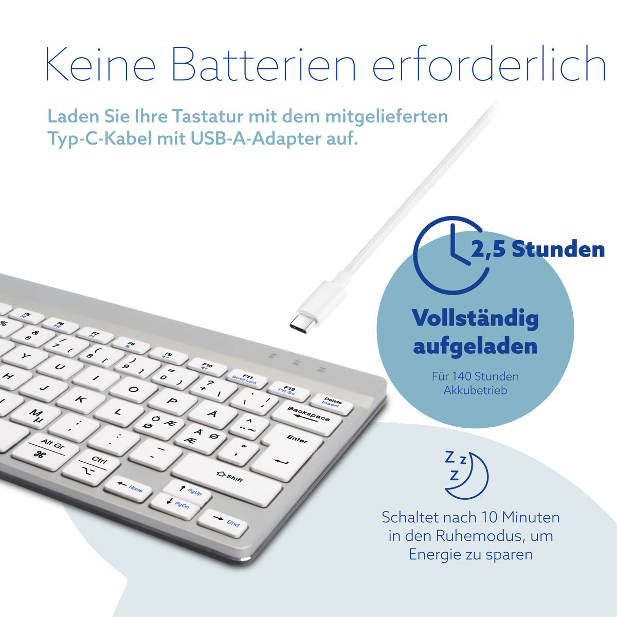 R-Go Tools Ergonomische Tastatur R-Go Compact Break, kompakte Tastatur mit Pausensoftware, QWERTY (NORDIC), Bluetooth, Weiß