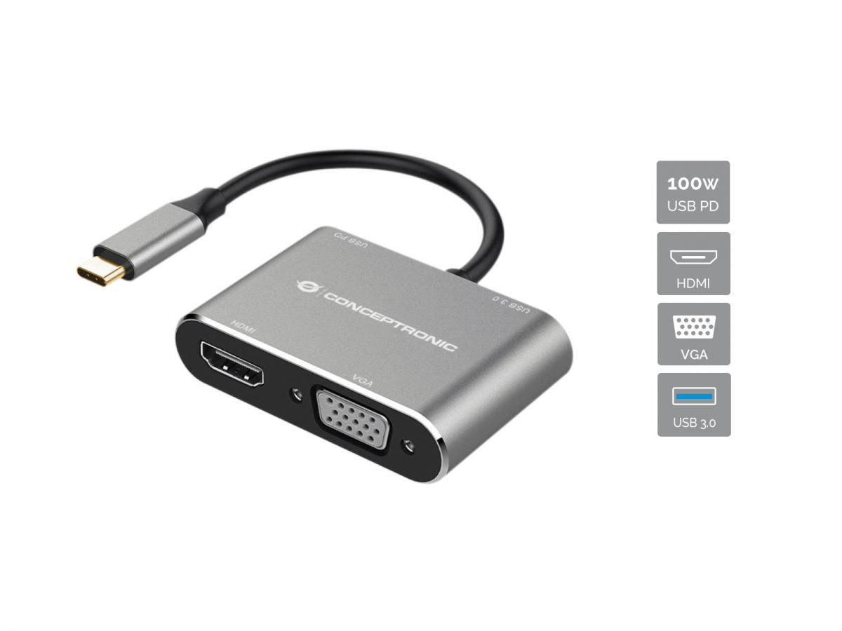 Conceptronic DONN16G 4-in-1 USB 3.2 Gen 1 Dockingstation, HDMI, VGA, USB-A 3.0, 100W USB PD
