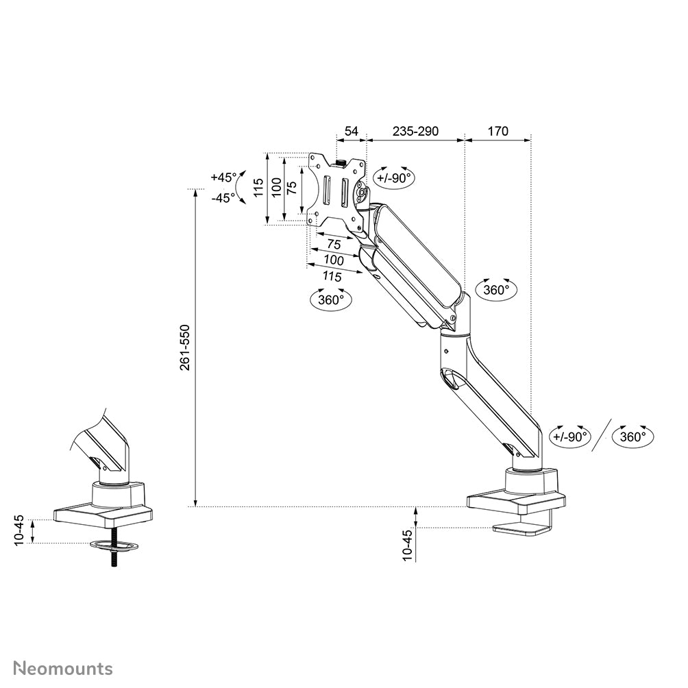 Neomounts DS70PLUS-450WH1 Monitorarm 17-49" - Gasfeder - Topfix - 180°-Stopp