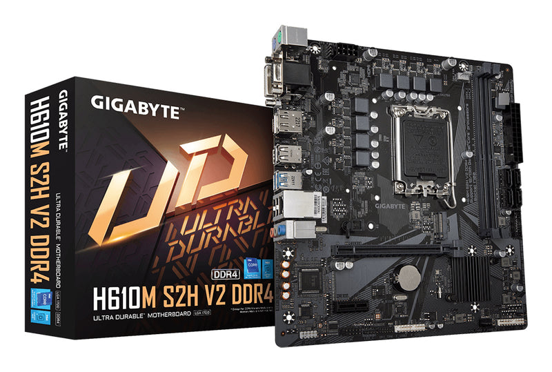 GIGABYTE H610M S2H V2 DDR4 Mainboard - Unterstützt Intel Core Prozessoren 14th CPUs, 6+1+1 Hybrid Phases Digital VRM, up to 3200MHz DDR4 (OC), 1xPCIe 3.0 M.2, GbE LAN, USB 3.2 Gen 1