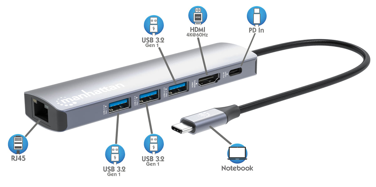 Manhattan 153959 laptop-dockingstation & portreplikator Kabelgebunden USB 3.2 Gen 1 (3.1 Gen 1) Type-C Silber