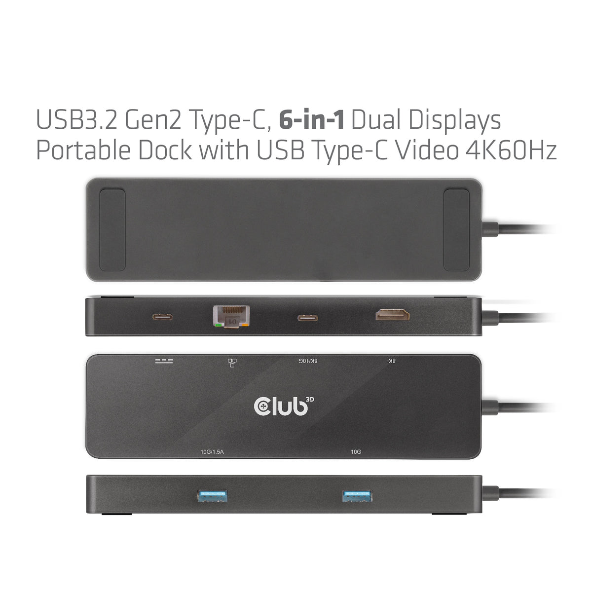 CLUB3D 6-in-1 USB3.2 Gen2 Typ-C Dual Displays Portable Dock mit USB Typ-C Video 4K60Hz