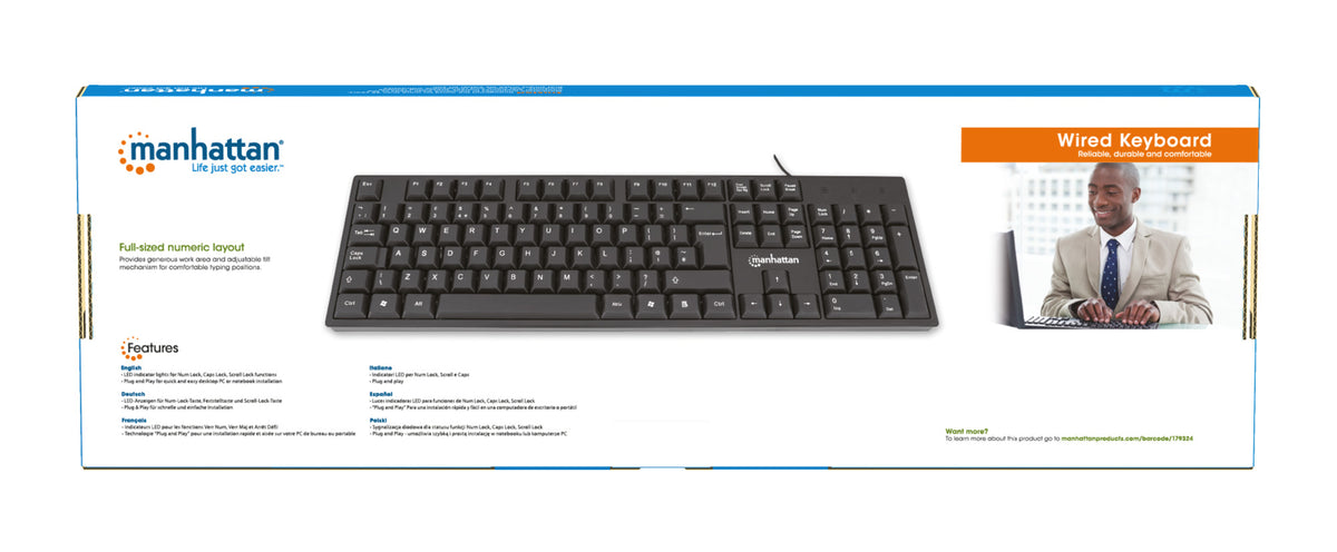 Manhattan USB-Tastatur, Kabelgebunden, 104 Tasten, integriertes USB-Kabel, LED-Anzeigen, schwarz