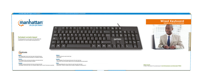 Manhattan USB-Tastatur, Kabelgebunden, 104 Tasten, integriertes USB-Kabel, LED-Anzeigen, schwarz