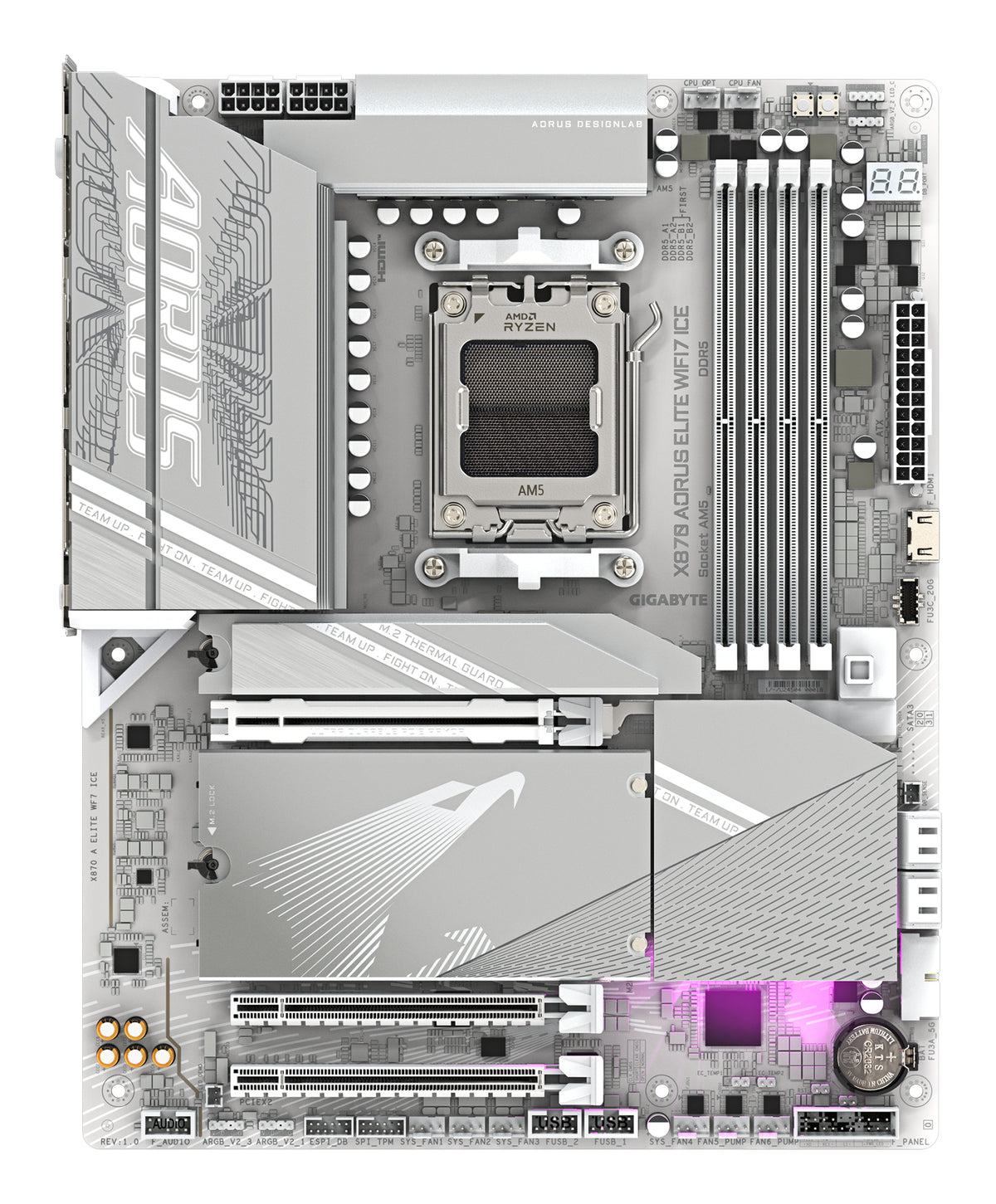 GIGABYTE X870 AORUS ELITE WIFI7 ICE Mainboard - Unterstützt AMD Ryzen 9000 CPUs, 16+2+2 Phasen Digitales VRM, bis zu 8200MHz DDR5 (OC), 3xPCIe 5.0 + 1xPCIe 4.0, Wi-Fi 7, 2.5GbE LAN, USB 4